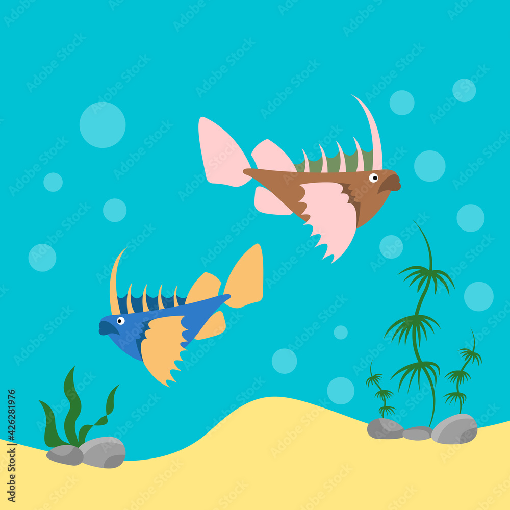 Fishes in the water among seaweeds. Vector illustration in flat cartoon style