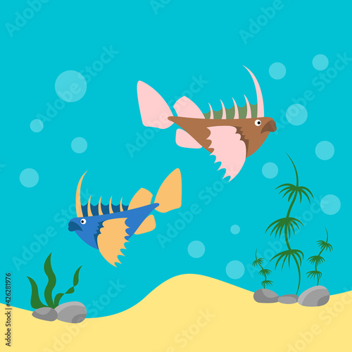 Fishes in the water among seaweeds. Vector illustration in flat cartoon style