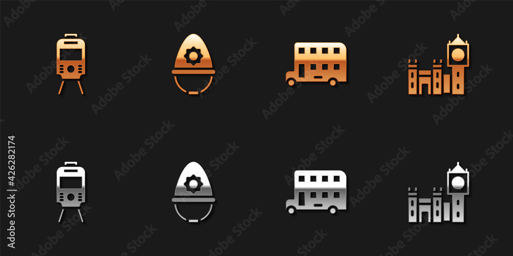 Set Tram and railway, British police helmet, Double decker bus and Big Ben tower icon. Vector