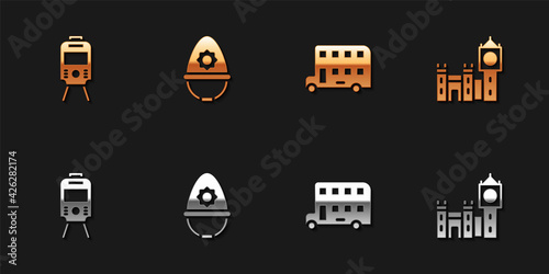 Set Tram and railway, British police helmet, Double decker bus and Big Ben tower icon. Vector