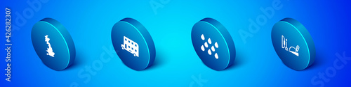 Set Isometric England map, Water drop, Robin hood hat and Double decker bus icon. Vector