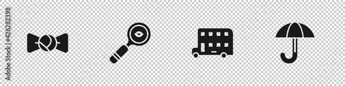Set Bow tie, Magnifying glass, Double decker bus and Umbrella icon. Vector