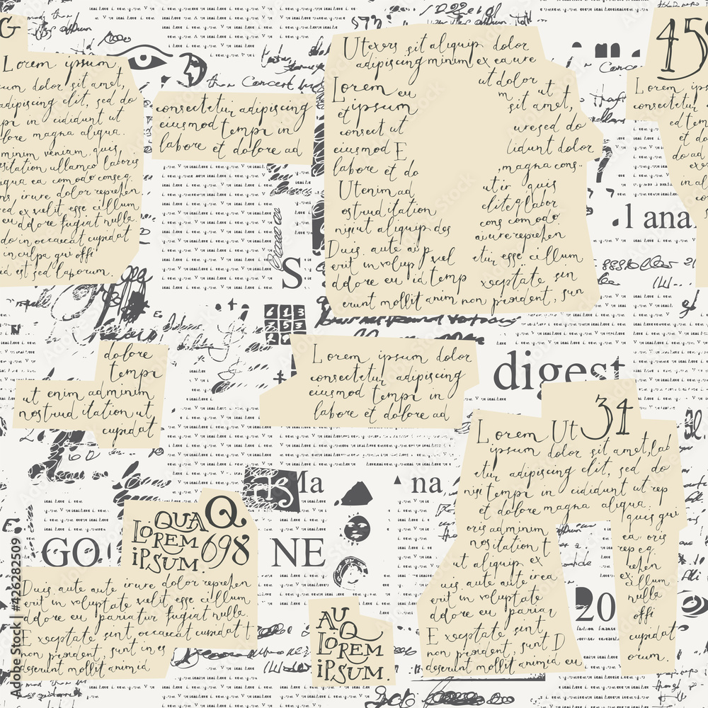 Abstract seamless pattern with collage of newspaper clippings and old paper inserts with handwritten text Lorem Ipsum. Suitable for wallpaper, wrapping paper, fabric. Vector background in retro style Abstract seamless pattern with collage of newspaper clippings and old paper inserts with handwritten text Lorem Ipsum. Suitable for wallpaper, wrapping paper, fabric. Vector background in retro style