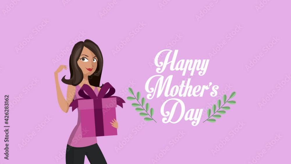 happy mothers day lettering with mom lifting present box happy mothers day lettering with mom lifting present box