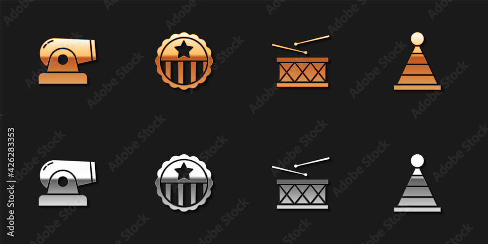 Set Cannon, Medal with star, Drum and drum sticks and Party hat icon. Vector Set Cannon, Medal with star, Drum and drum sticks and Party hat icon. Vector