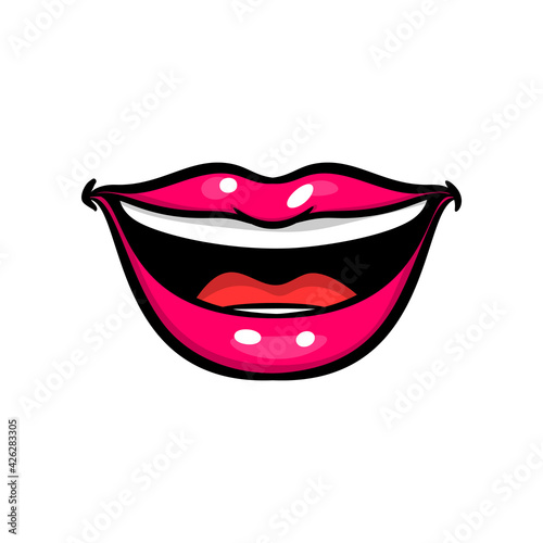 Pink red woman smile lips in pop art style isolated on white background. Cartoon girl make up vector illustration. Sexy pop art lips sticker with. Vintage cartoon pop art of girl pink lips.