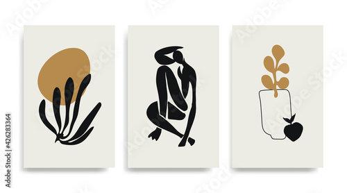 Contemporary Henri Matisse abstract vector poster. Woman figure silhouette line art Matisse painting. Black golden reproduction of painting. Geometric shape collage.