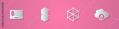 Set paper cut Mining bitcoin from laptop, Blockchain technology, and Cryptocurrency cloud mining icon. Paper art style. Vector