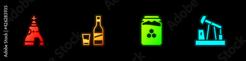 Set The Tsar bell, Bottle of vodka with glass, Jar honey and Oil pump or pump jack icon. Vector