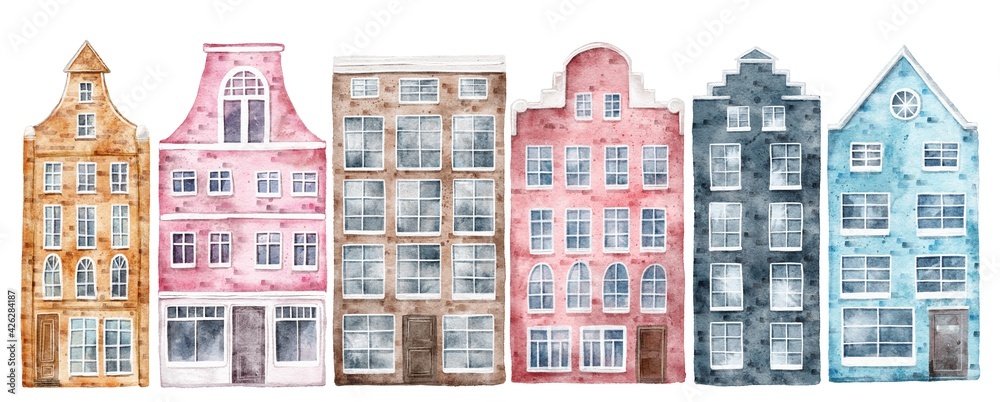Old European street houses, watercolor set on white background. Watercolour travel illustration.
