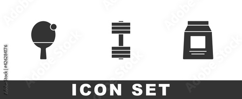 Set Racket and ball, Dumbbell and Sports nutrition icon. Vector