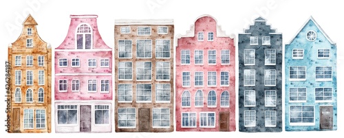 Old European street houses, watercolor set on white background. Watercolour travel illustration.