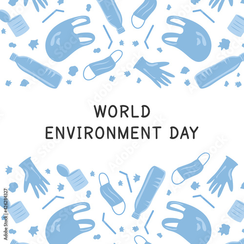 Vector Covid Coronavirus Waste Banner. World Environment Day. Plastic pollution background. Environmental issue or ecology problem of marine rubbish, latex gloves, face masks in sea illustration.