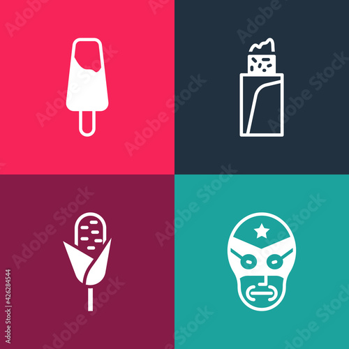 Set pop art Mexican wrestler  Corn  Burrito and Popsicle ice cream icon. Vector