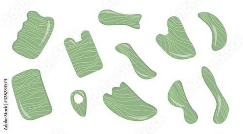 Big set of Gua Sha scraping massage tool. Collection of different shape natural green Jade Gemstone. Chinese traditional facial. Acupuncture for face yoga. Trendy skin care. Vector flat style bundle.