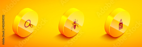 Set Isometric Magnifying glass, Ant and Spray against insects icon. Vector