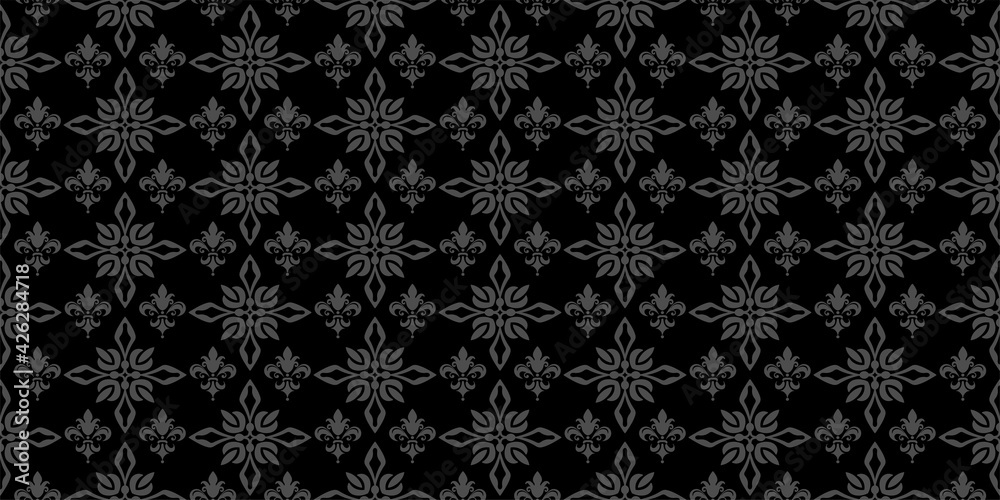 Dark background pattern with floral ornaments on a black background, wallpaper. Seamless pattern, texture for your design. 