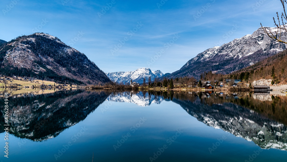 Peaceful Lake Grundlsee With Alps Reflecting in Lake, Styria in Austria, Springtime in Salzkammergut