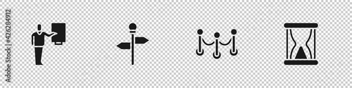Set Museum guide, Road traffic signpost, Rope barrier and Old hourglass with sand icon. Vector
