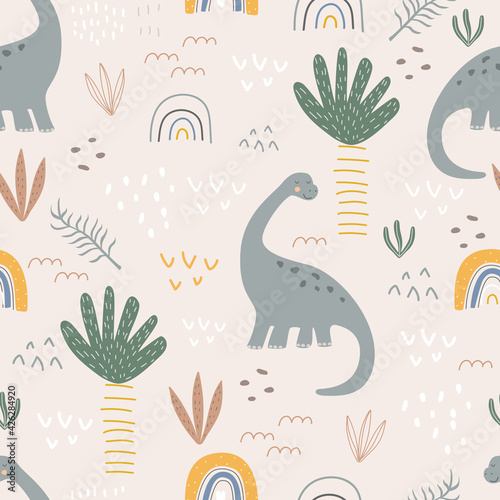 Seamless pattern with dinosaurs  palm trees and rainbows on a yellow background. Vector illustration for printing on fabric  packaging paper  clothing. Cute baby background