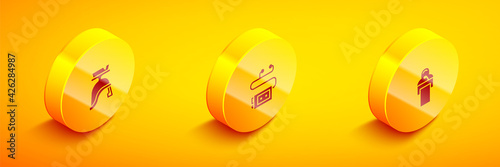 Set Isometric Roman army helmet, Museum audio guide and Gives lecture icon. Vector