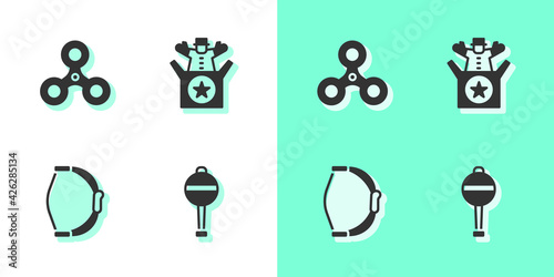 Set Rattle baby toy, Fidget spinner, Bow and Jack the box icon. Vector