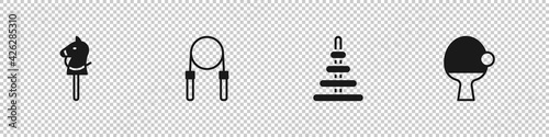 Set Toy horse, Jump rope, Pyramid toy and Racket and ball icon. Vector