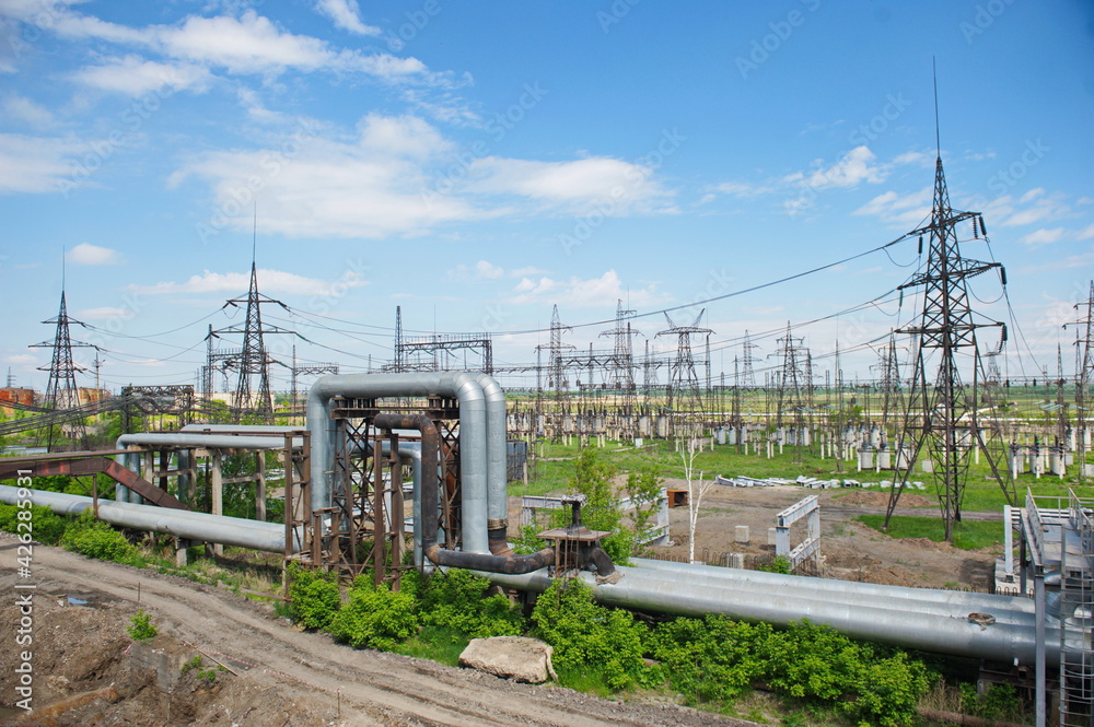 Petropavlovsk, Kazakhstan - 05.26.2015 : High-voltage transmission lines with insulators, coils and distribution blocks.