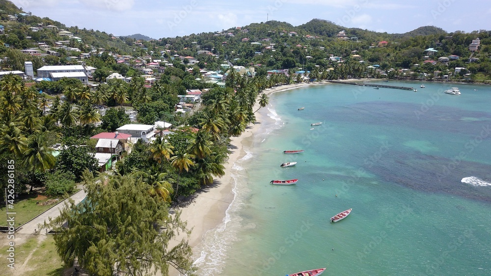 Aerial view of a white sand beach in Saint Lucia