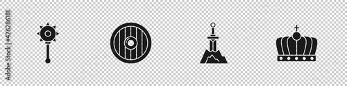 Set Medieval chained mace ball, Round wooden shield, Sword the stone and King crown icon. Vector