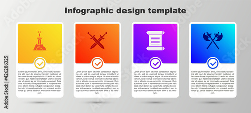 Set Sword in the stone, Crossed medieval sword, Decree, parchment, scroll and axes. Business infographic template. Vector