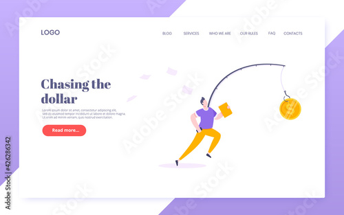 Rat race and money bait business concept with businessman running after dangling dollar and trying to catch it working hard and always busy in the loop routine. flat style design vector illustration.
