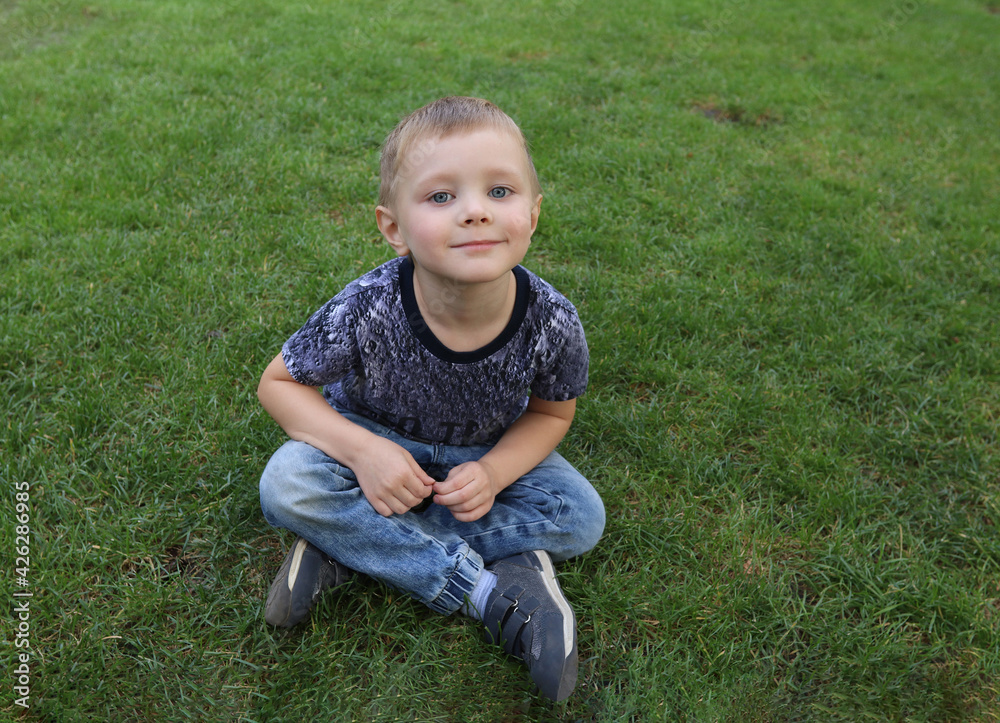 an adorable little boy sits on a green lawn. he is looking at the camera and smiling. happy childhood concept an adorable little boy sits on a green lawn. he is looking at the camera and smiling. happy childhood concept