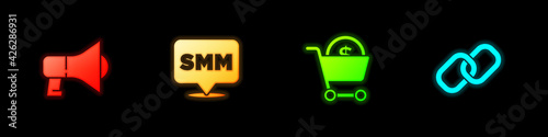 Set Megaphone, Social media marketing, Shopping cart and dollar and Chain link icon. Vector