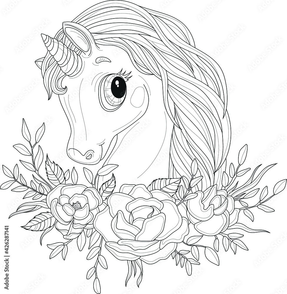 Cute little unicorn creature in rose flowers with leafs sketch template ...