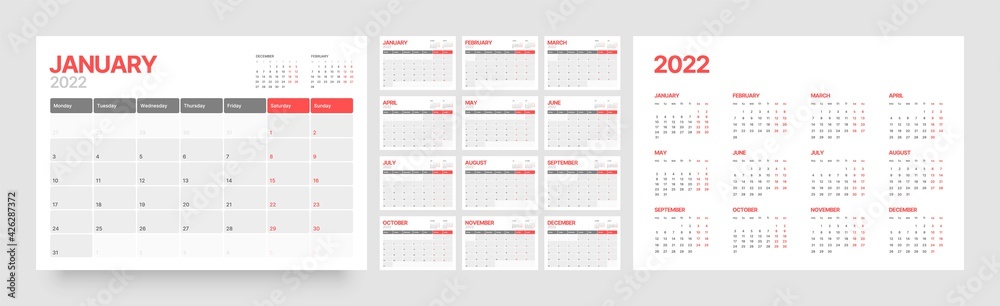 Monthly calendar for 2022 year. Week Starts on Monday.