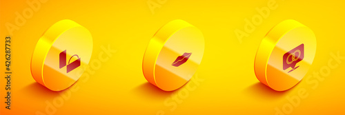 Set Isometric Diamond engagement ring, Smiling lips and Wedding rings icon. Vector