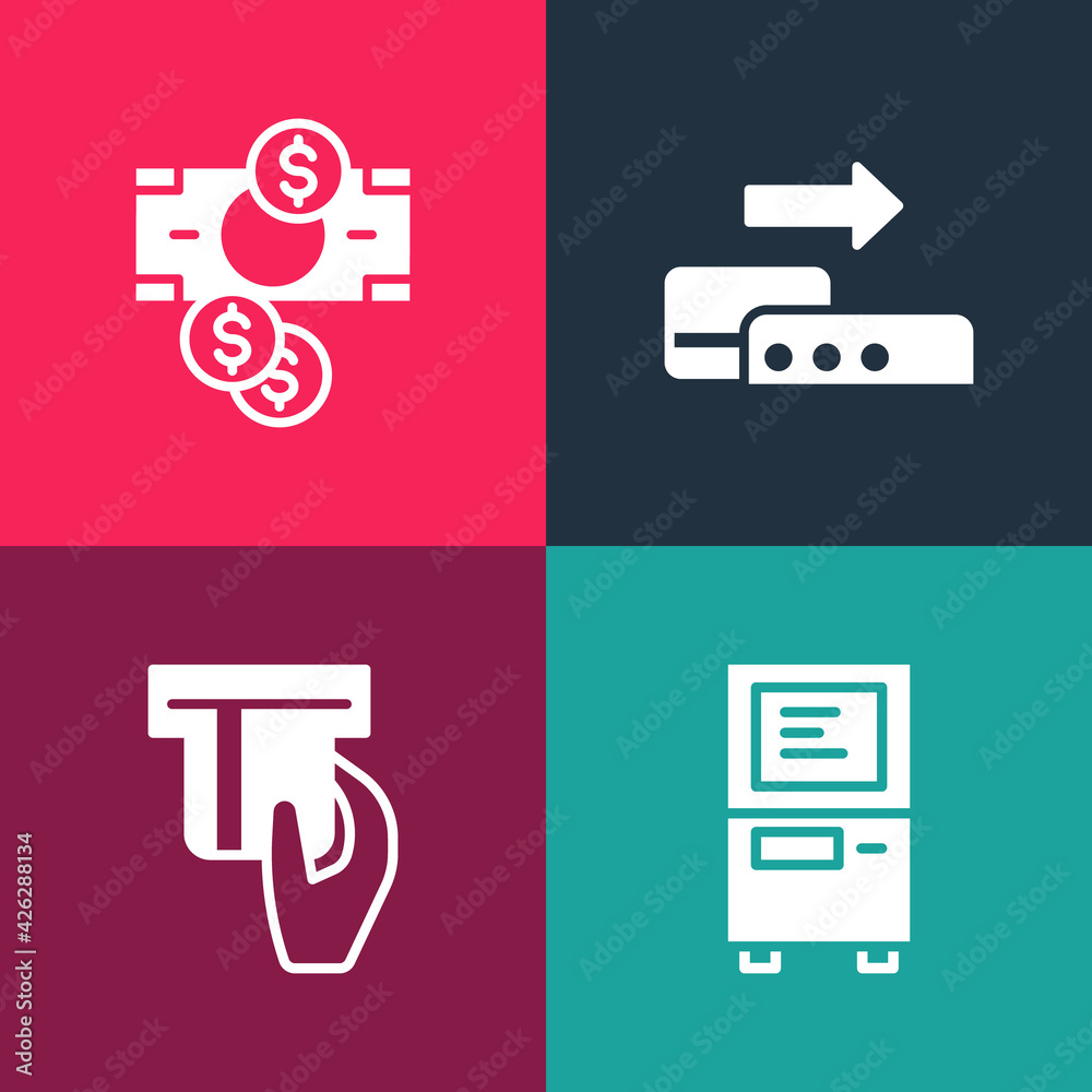 Set pop art ATM, Credit card inserted, Pos terminal and Stacks paper money cash icon. Vector Set pop art ATM, Credit card inserted, Pos terminal and Stacks paper money cash icon. Vector