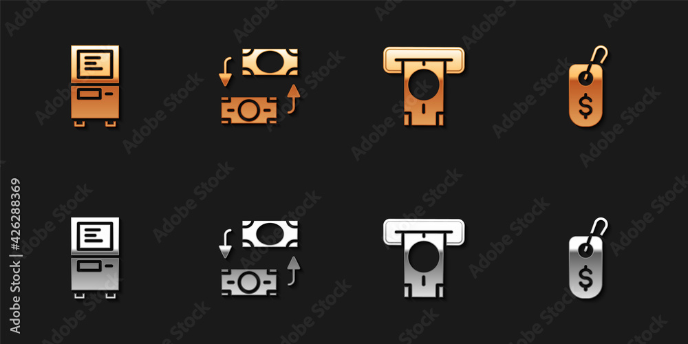 Set ATM, Money exchange, and money and Price tag with dollar icon. Vector Set ATM, Money exchange, and money and Price tag with dollar icon. Vector
