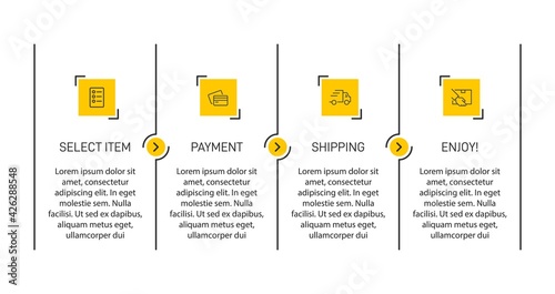 Concept of shopping process with 4 successive steps. Four colorful graphic elements. Timeline design for brochure, presentation, web site. Infographic design layout.