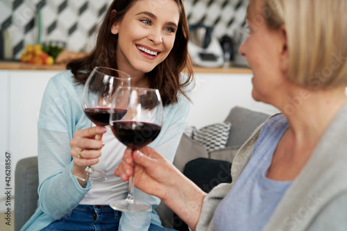 Two happy women toasting in wine at home