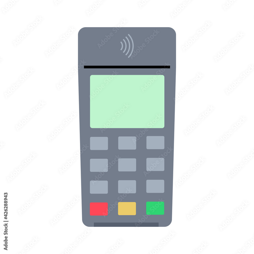 Bank terminal. Pos terminal icon. Vector illustration in flat style on white isolated background. Bank terminal. Pos terminal icon. Vector illustration in flat style on white isolated background.