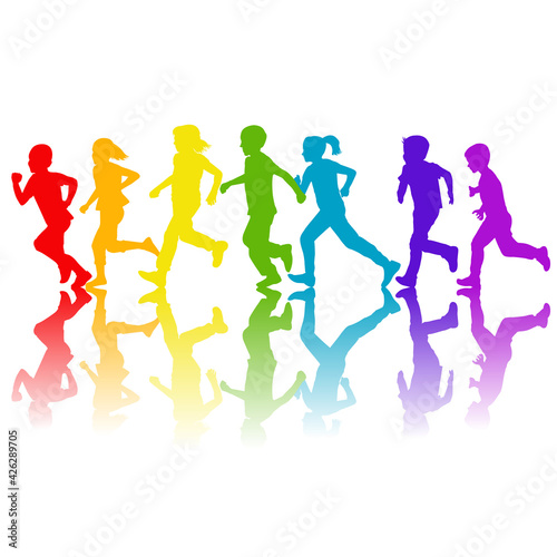 Rainbow colors silhouettes of children running