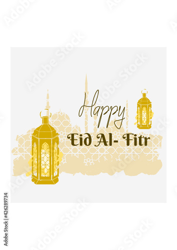 Editable Vector of Brush Strokes Style Arabian Lantern in Front of Geometric Patterned Mosque Silhouette for Eid Al-Fitr Illustration