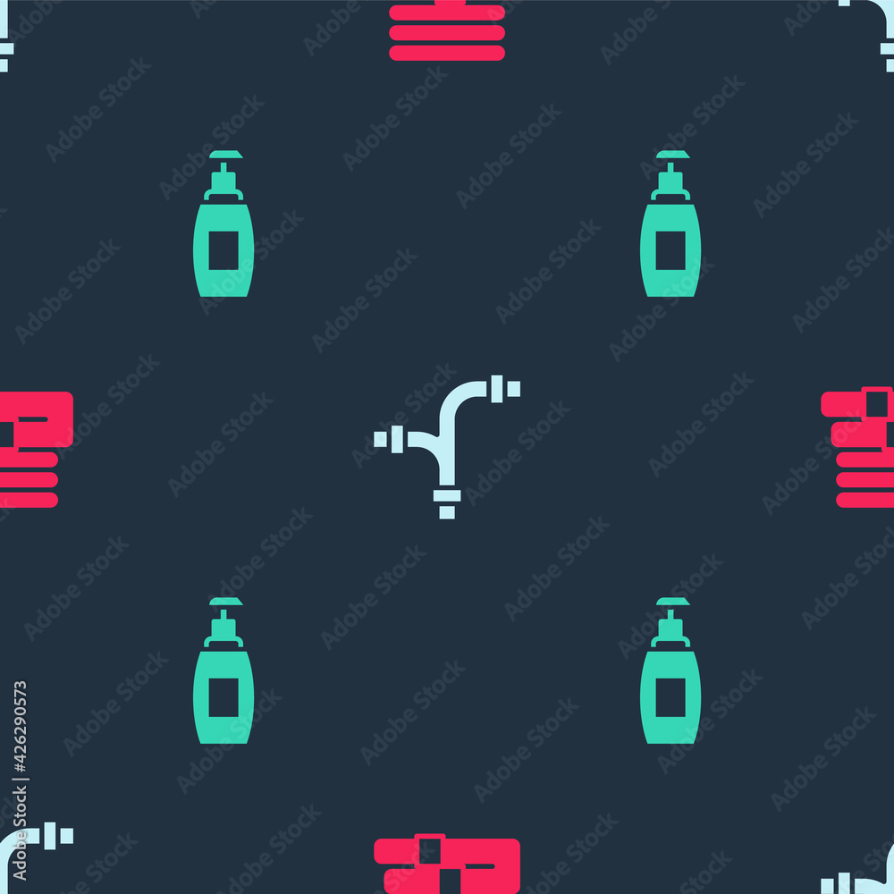 Set Towel stack, Industry metallic pipe and Bottle of liquid soap on seamless pattern. Vector Set Towel stack, Industry metallic pipe and Bottle of liquid soap on seamless pattern. Vector