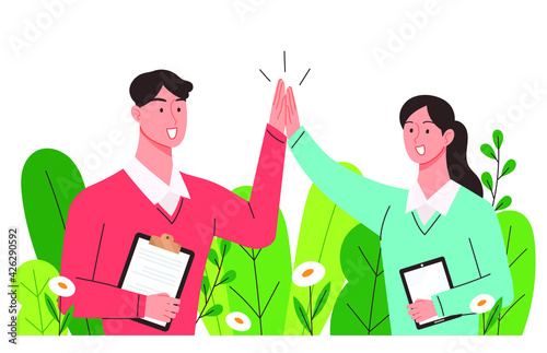 Businessmen give high fives. Business agreement success or cooperative concept vector illustration.