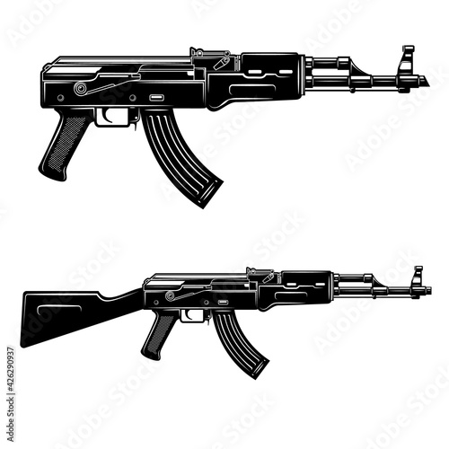 Set of assault rifle illustrations. Design element for logo, label, sign, emblem, poster. Vector illustration