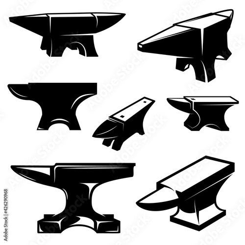 Set of illustrations of blacksmith anvil . Design element for logo, label, sign, emblem, poster. Vector illustration photo