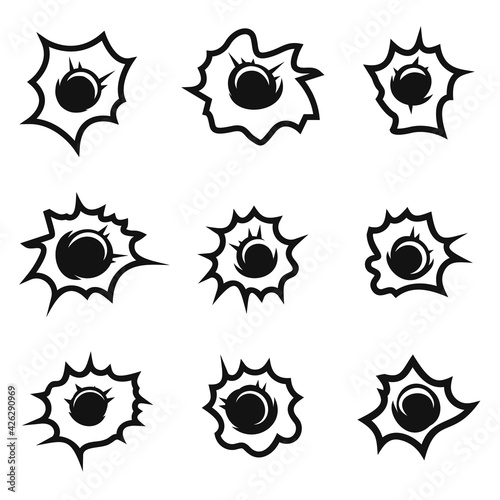 Set of illustrations of bullet holes. Design element for logo, label, sign, emblem, poster. Vector illustration