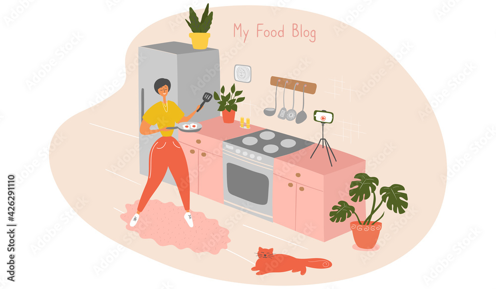 Food blogger. Young woman records video. Chef is cooking in kitchen.  Housewife holds frying pan and stands by stove. Cartoon vector illustration  Stock Vector | Adobe Stock